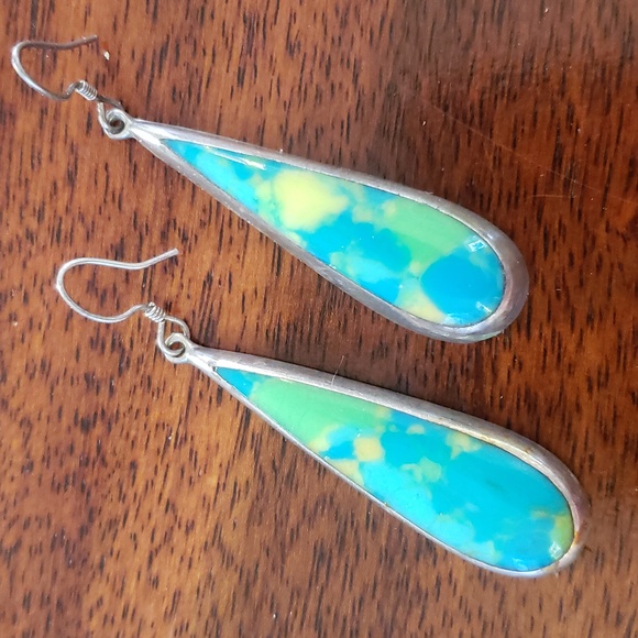 VINTAGE Sterling Silver Enamel Teardrop Earrings • Modernist Dangle - Picture 6 of 11